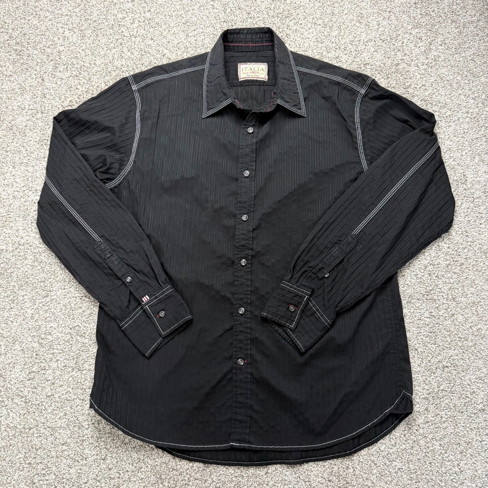 Italia c. 1958 Men's Black Textured Stripe Button Up Shirt Contrast Stitch Large